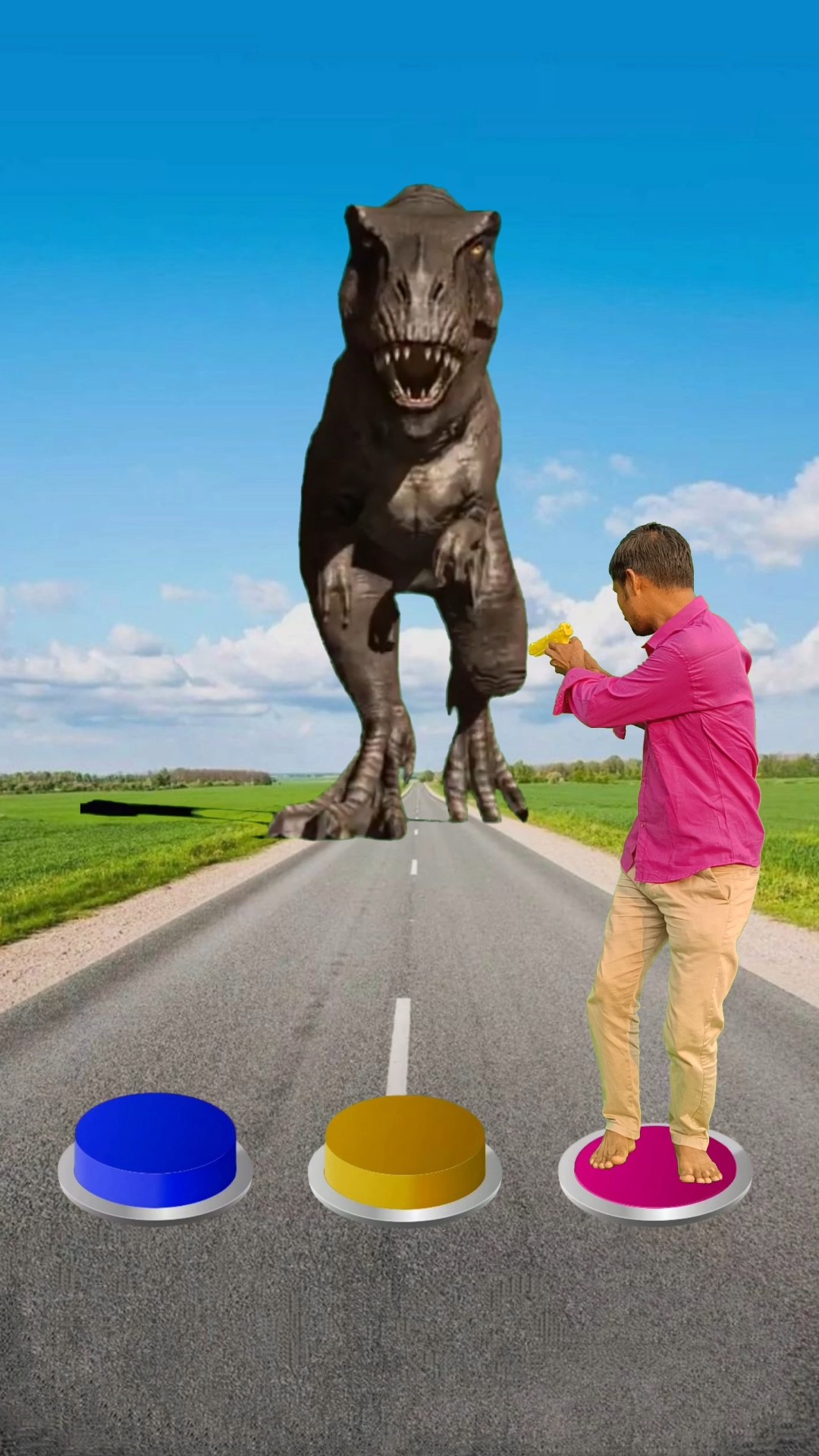 Pink, yellow \u0026 blue Button to dinosaur, wolf \u0026 squidgame doll- funny magic video #shorts #squidgame